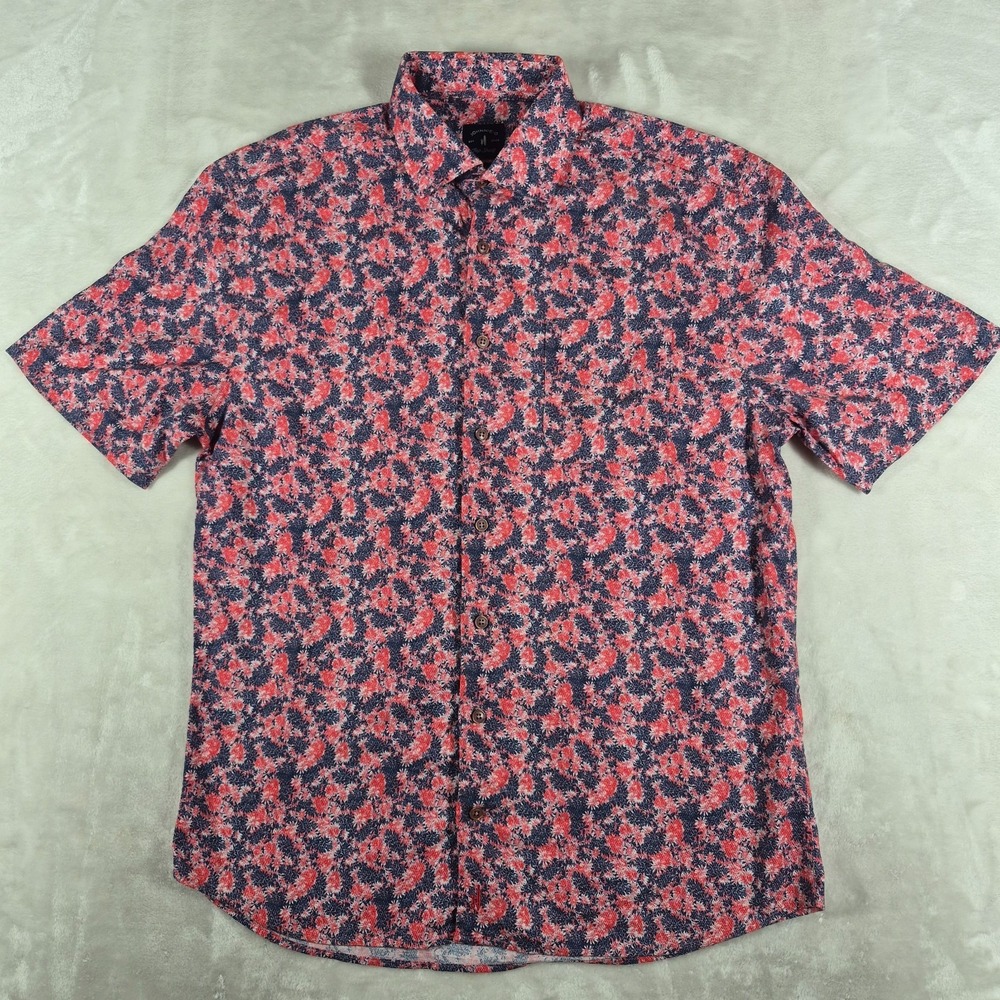 Johnnie O Top Shelf Button Down Shirt Men's Medium Blue Red Floral Short Sleeve